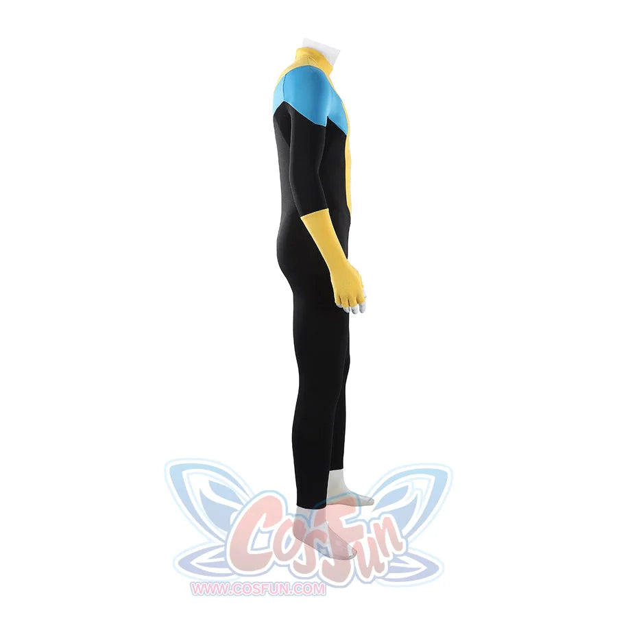 Invincible Mark Grayson cosplay costume side profile centering the black, light blue, and yellow fabric panels and gloves.