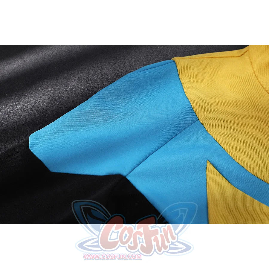 Invincible Mark Grayson cosplay costume pairing detailed blue, yellow, and black textured fabric and stitching.