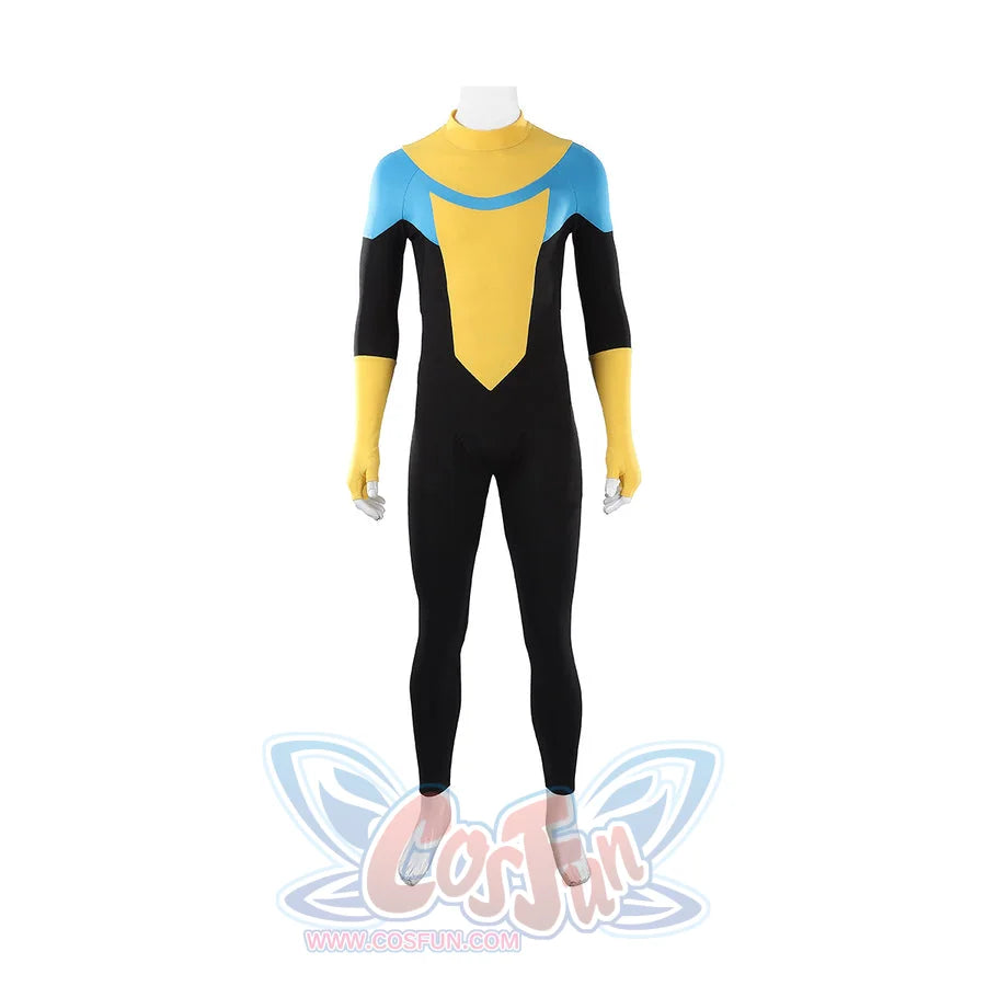 Invincible Mark Grayson cosplay costume pairing yellow, blue, and black panels, with integrated gloves and feet.