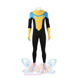 Invincible Mark Grayson cosplay costume pairing yellow, blue, and black panels, with integrated gloves and feet.