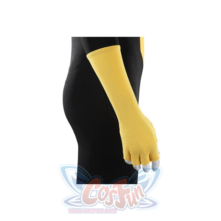 Invincible Mark Grayson cosplay costume centers a long yellow fingerless knit glove over a black suit arm.