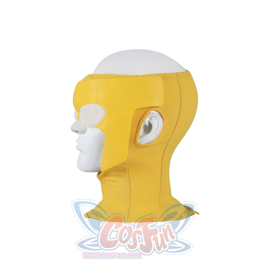 Invincible Mark Grayson cosplay costume full fabric mask with rigid yellow eyepieces and an open top design.
