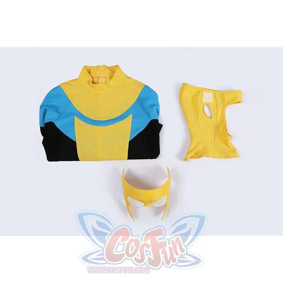 Invincible Mark Grayson cosplay costume with a yellow hood, mask, and a zipped blue and yellow top.