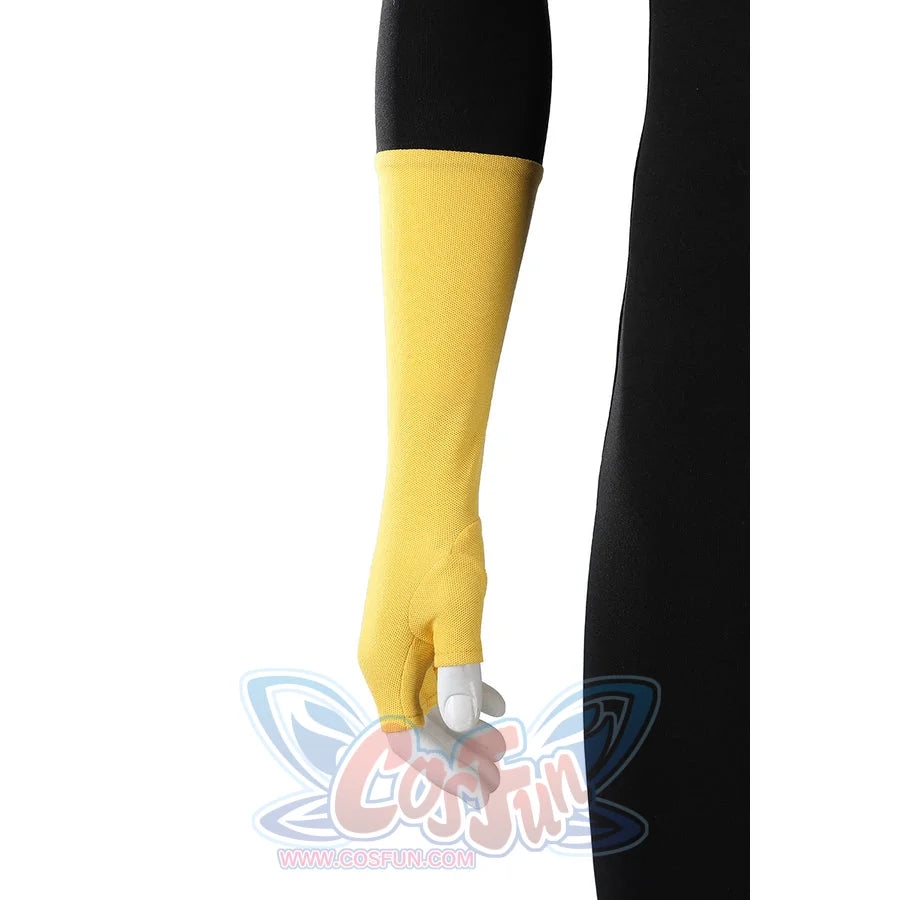 Invincible Mark Grayson cosplay costume pairing a yellow textured fabric fingerless glove attached to the black sleeve.