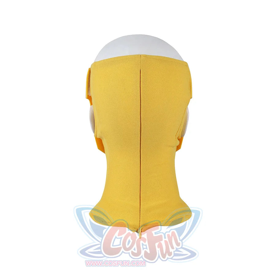 Invincible Mark Grayson cosplay costume yellow hood piece centering the rear view with a central zipper and ear covers.