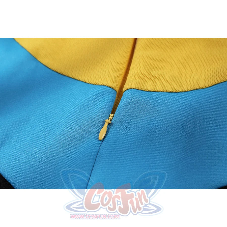 Invincible Mark Grayson cosplay costume zipper detail traces blue and yellow textured panels.