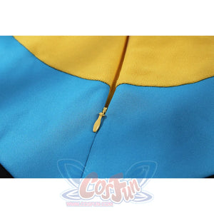 Invincible Mark Grayson cosplay costume zipper detail traces blue and yellow textured panels.