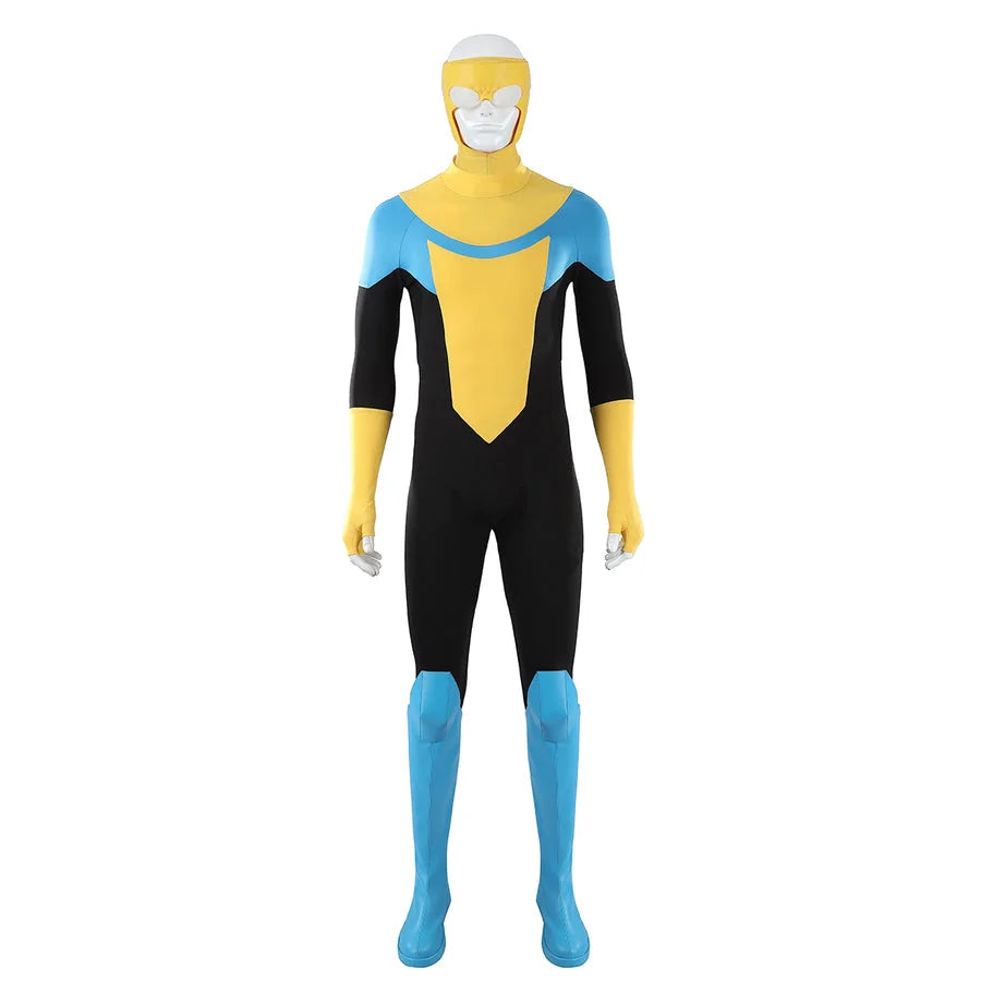 COSFUN Invincible Mark Grayson cosplay costume pairing a black bodysuit with yellow and light blue accents.
