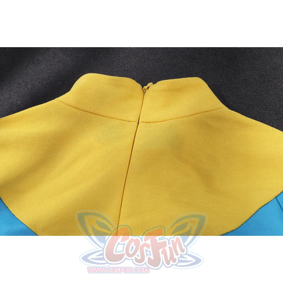Invincible Mark Grayson cosplay costume centering a close-up of the yellow knit collar and zipper detail.