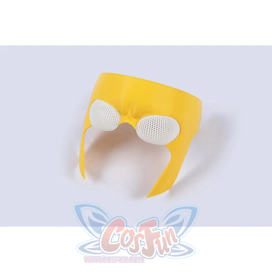Invincible Mark Grayson cosplay costume mask in bright yellow with circular white mesh eye lenses.