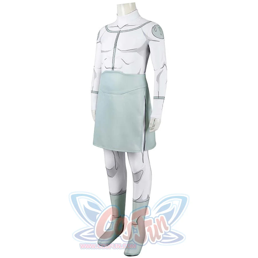 Invincible Mark Grayson cosplay costume angles the pale wrap across the white bodysuit and mint boot covers.
