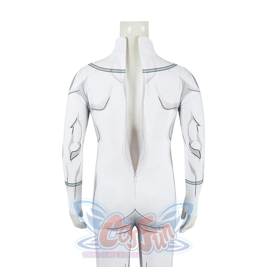 Invincible Mark Grayson cosplay costume back view extends the white suit from collar to lower leg panels.