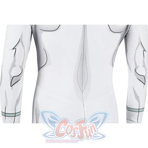 Invincible Mark Grayson cosplay costume back torso detail traces printed lines through the white bodysuit.
