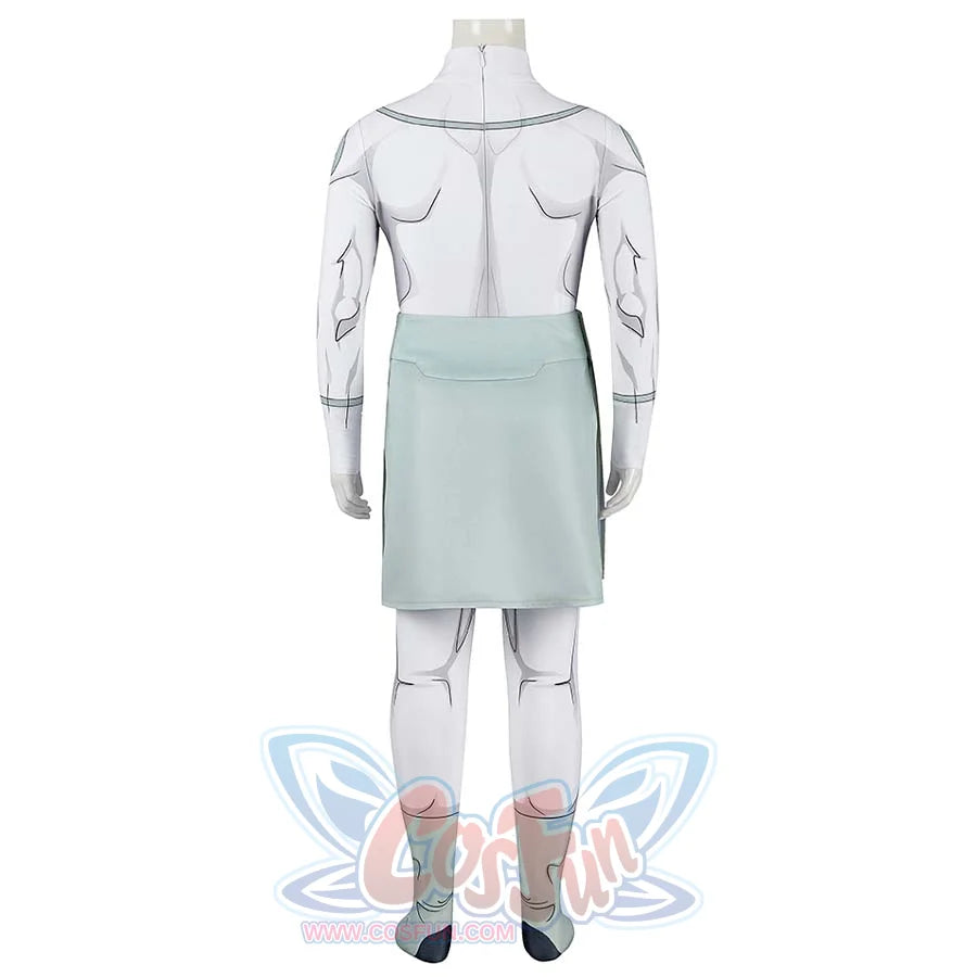 Invincible Mark Grayson cosplay costume reveals the waist wrap and white bodysuit pattern from behind.