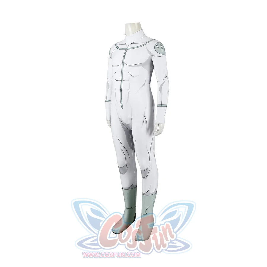 Invincible Mark Grayson cosplay costume angles the white suit to show printed panels and mint lower legs.