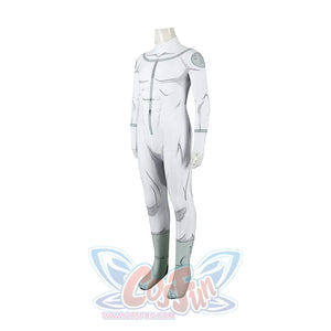 Invincible Mark Grayson cosplay costume angles the white suit to show printed panels and mint lower legs.