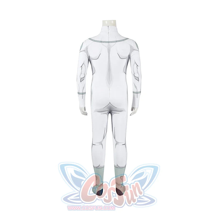 Invincible Mark Grayson cosplay costume reveals the back paneling and mint boot covers on the white suit.