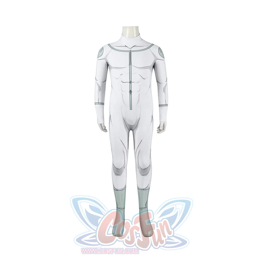 Invincible Mark Grayson cosplay costume centers the white printed bodysuit without the waist wrap attached.