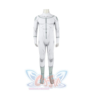 Invincible Mark Grayson cosplay costume centers the white printed bodysuit without the waist wrap attached.