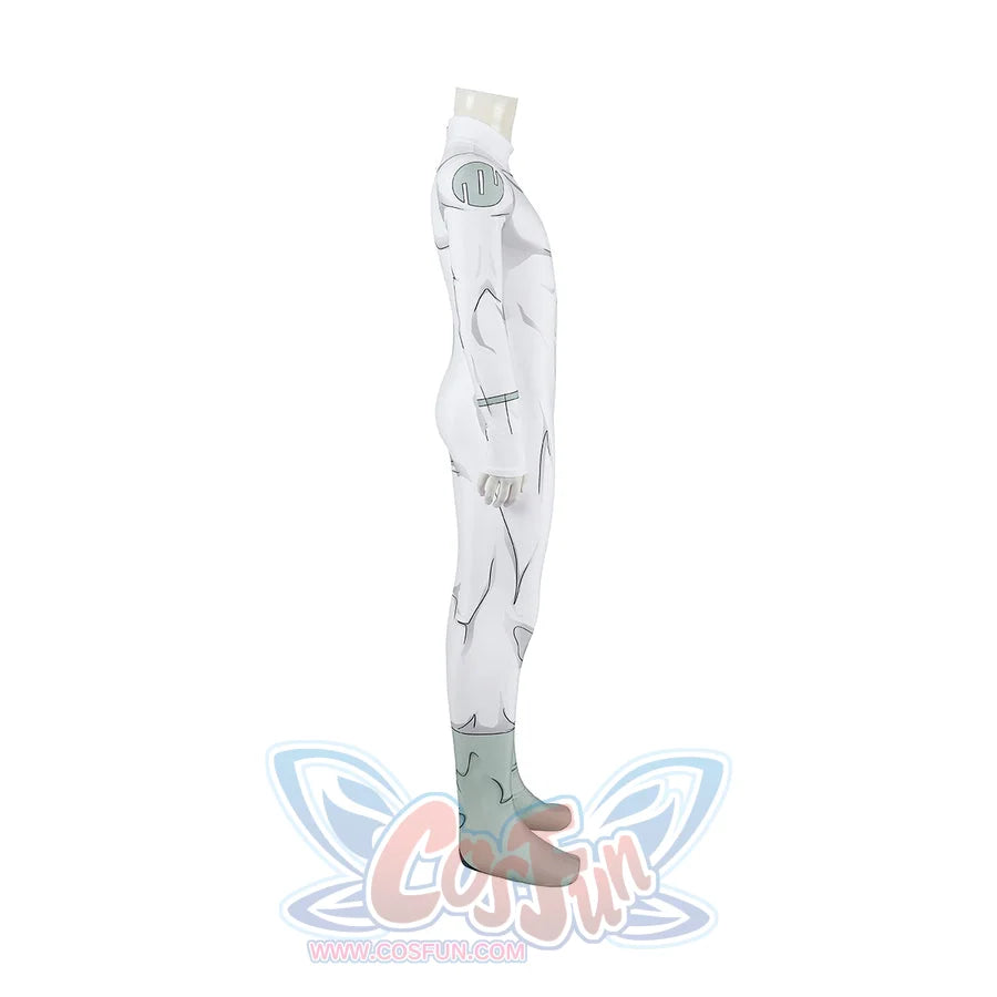 Invincible Mark Grayson cosplay costume turns the white bodysuit side view toward the mint boot cover.