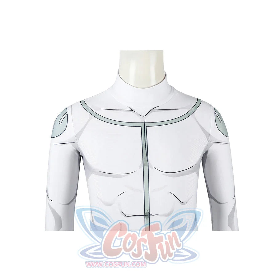 Invincible Mark Grayson cosplay costume chest panel detail frames the collar line and shoulder markings.