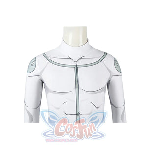 Invincible Mark Grayson cosplay costume chest panel detail frames the collar line and shoulder markings.