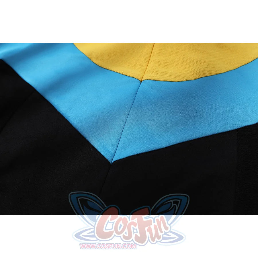 Invincible Mark Grayson cosplay costume detail frames a yellow circle above blue and black panels.