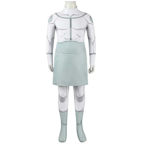 COSFUN Invincible Mark Grayson cosplay costume layers a pale green waist wrap over a white Viltrumite bodysuit in front view.