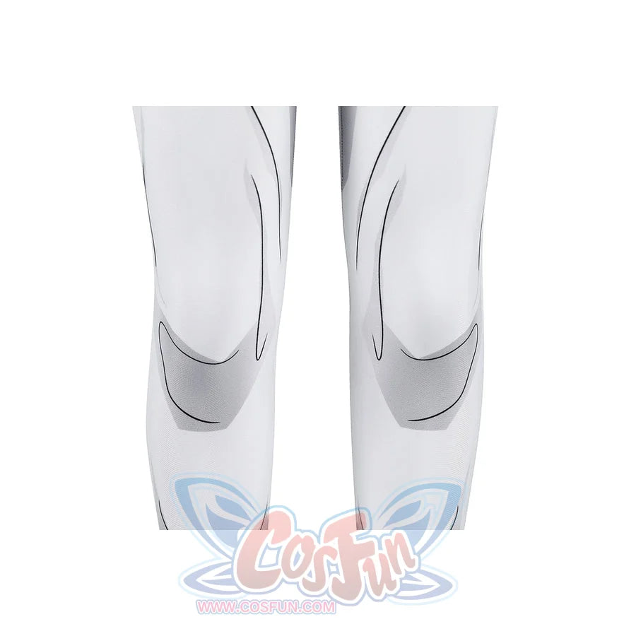 Invincible Mark Grayson cosplay costume leg detail aligns gray panel lines along both white trouser legs.