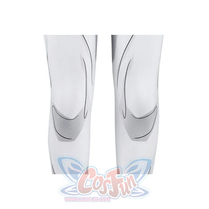 Invincible Mark Grayson cosplay costume leg detail aligns gray panel lines along both white trouser legs.