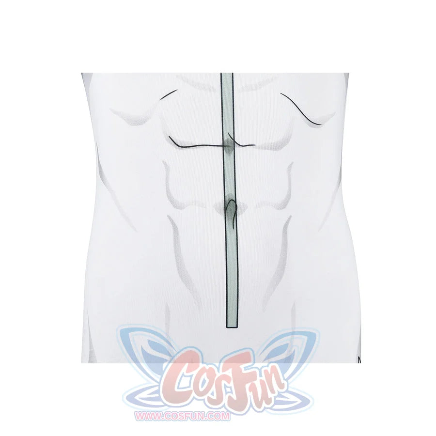 Invincible Mark Grayson cosplay costume torso detail follows gray printed muscle lines down the white suit.