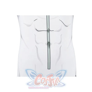 Invincible Mark Grayson cosplay costume torso detail follows gray printed muscle lines down the white suit.