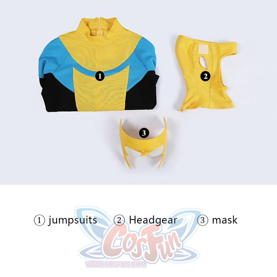 Invincible Mark Grayson cosplay costume includes a blue and yellow jumpsuit top, yellow mask, and hood.