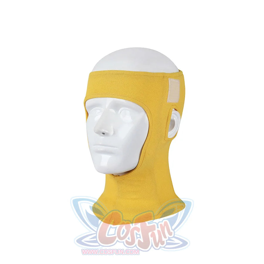 Invincible Mark Grayson cosplay costume component is a yellow textured knit cowl mask with face opening and white fastener.