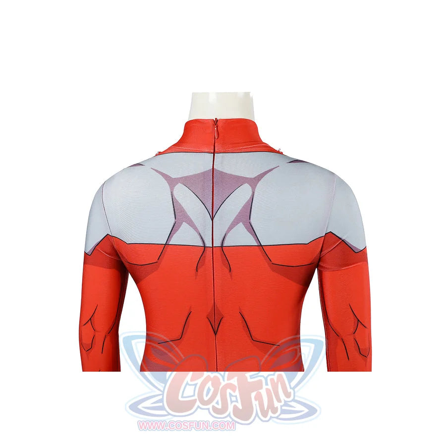 Invincible Thragg cosplay costume back shoulder detail centers the gray pattern across the red bodysuit.