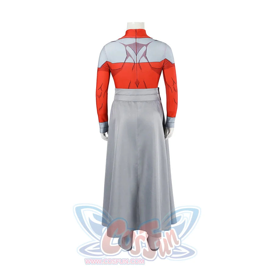 Invincible Thragg cosplay costume reveals the gray shoulder pattern and red bodysuit from behind.
