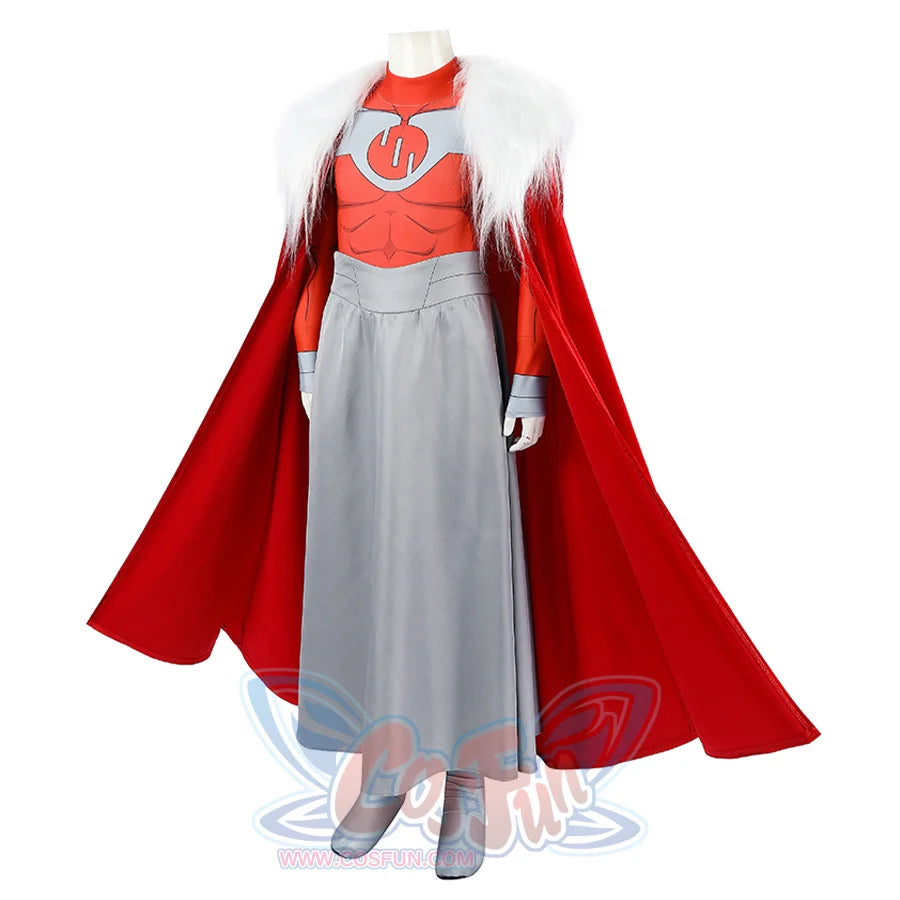 Invincible Thragg cosplay costume angles the red cape around the gray wrap and chest emblem.