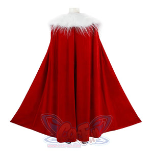 Invincible Thragg cosplay costume spreads the red cape from behind below a white faux fur shoulder edge.