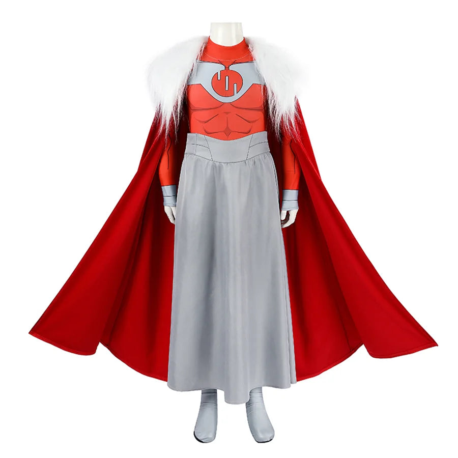 COSFUN Invincible Thragg cosplay costume layers a red cape over a gray waist cincher and red Viltrumite bodysuit.