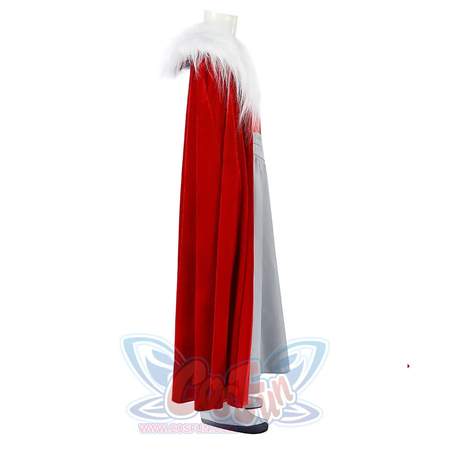 Invincible Thragg cosplay costume turns the red cape to the side, showing its long fall over the gray wrap.