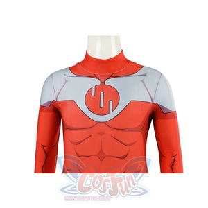 Invincible Thragg cosplay costume chest detail sets the circular Viltrumite emblem over red fabric.
