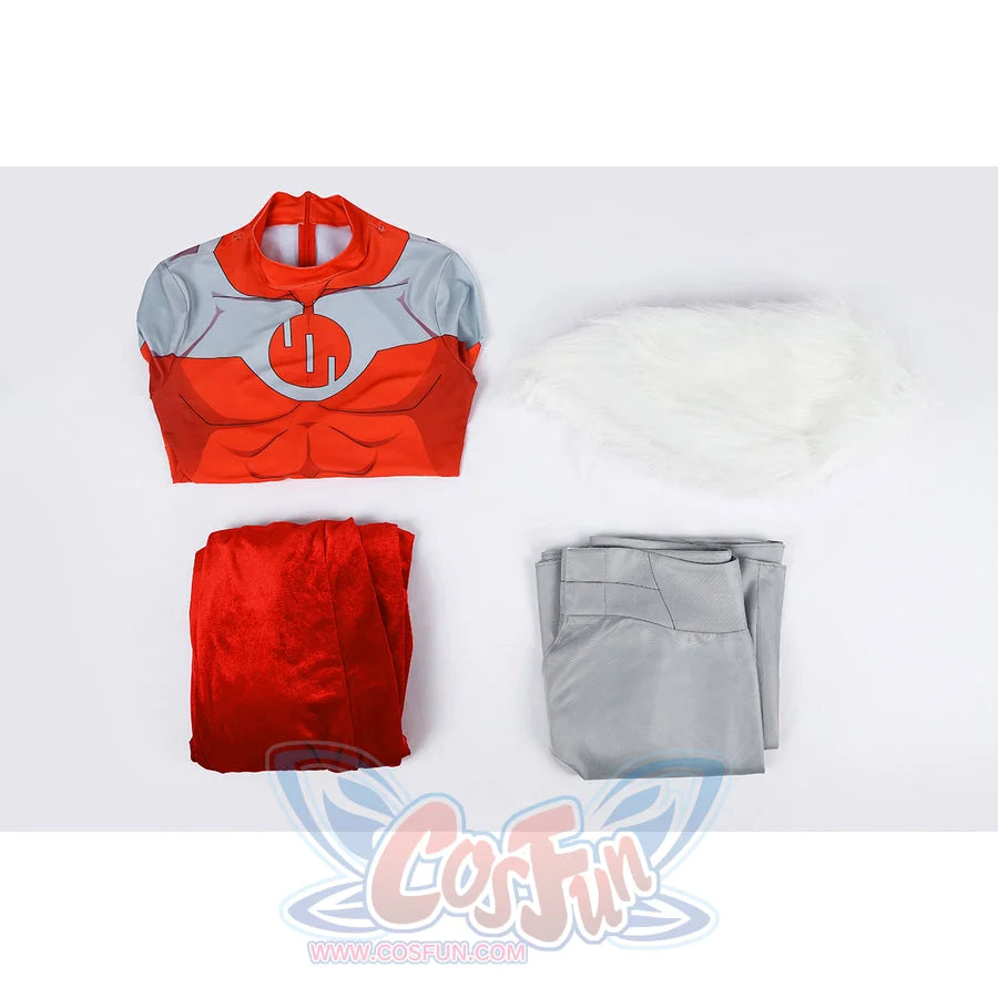 Invincible Thragg cosplay costume flat lay arranges the red bodysuit, white shoulder cape, cloak, and girdle.