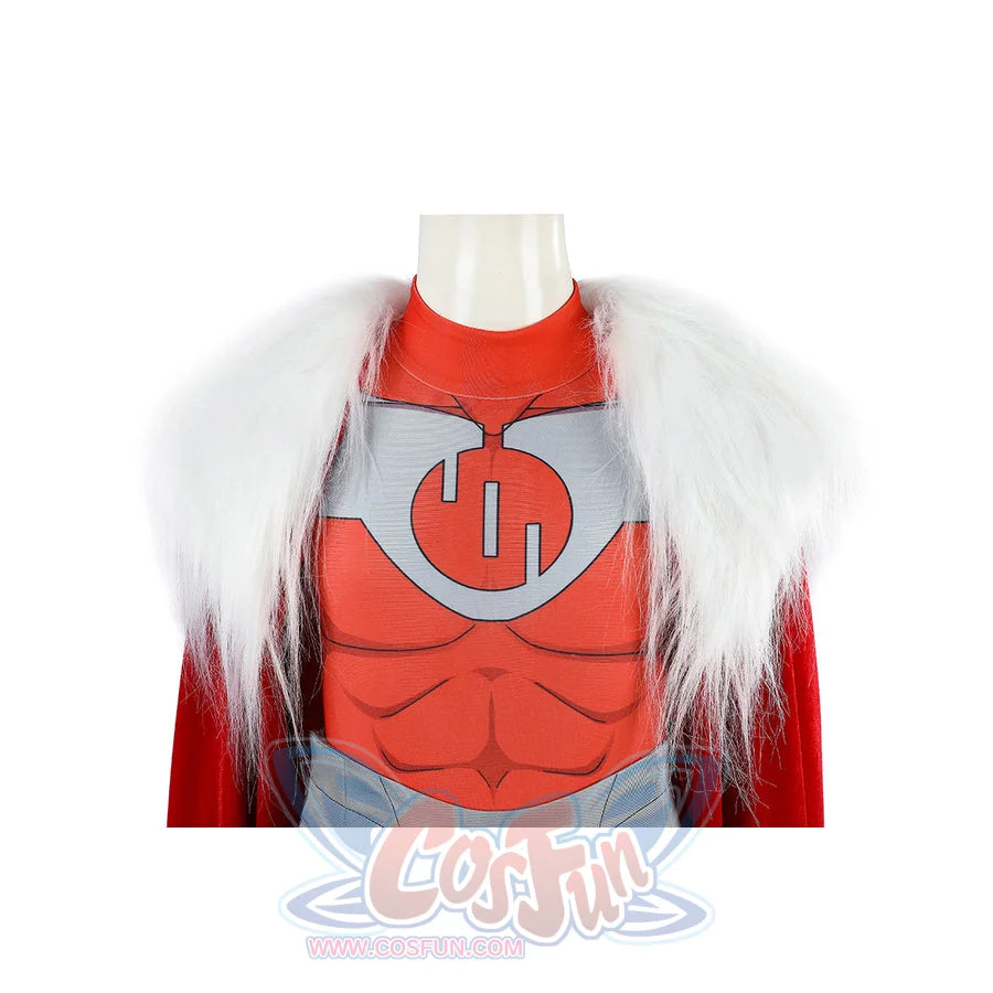 Invincible Thragg cosplay costume chest detail frames the red emblem under white faux fur collar trim.