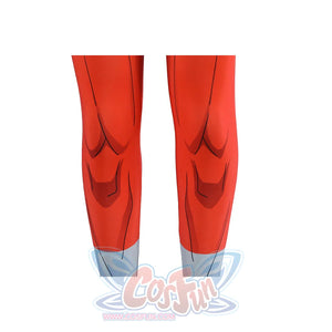 Invincible Thragg cosplay costume leg detail aligns red printed panels above gray boot cuffs.