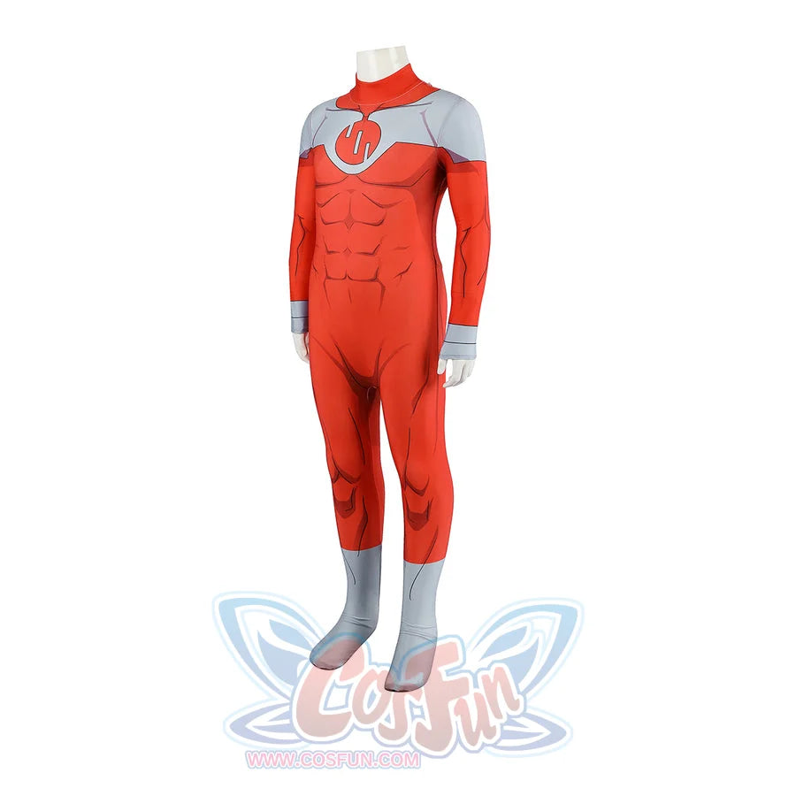 Invincible Thragg cosplay costume angles the red bodysuit to show the chest emblem and gray trim.