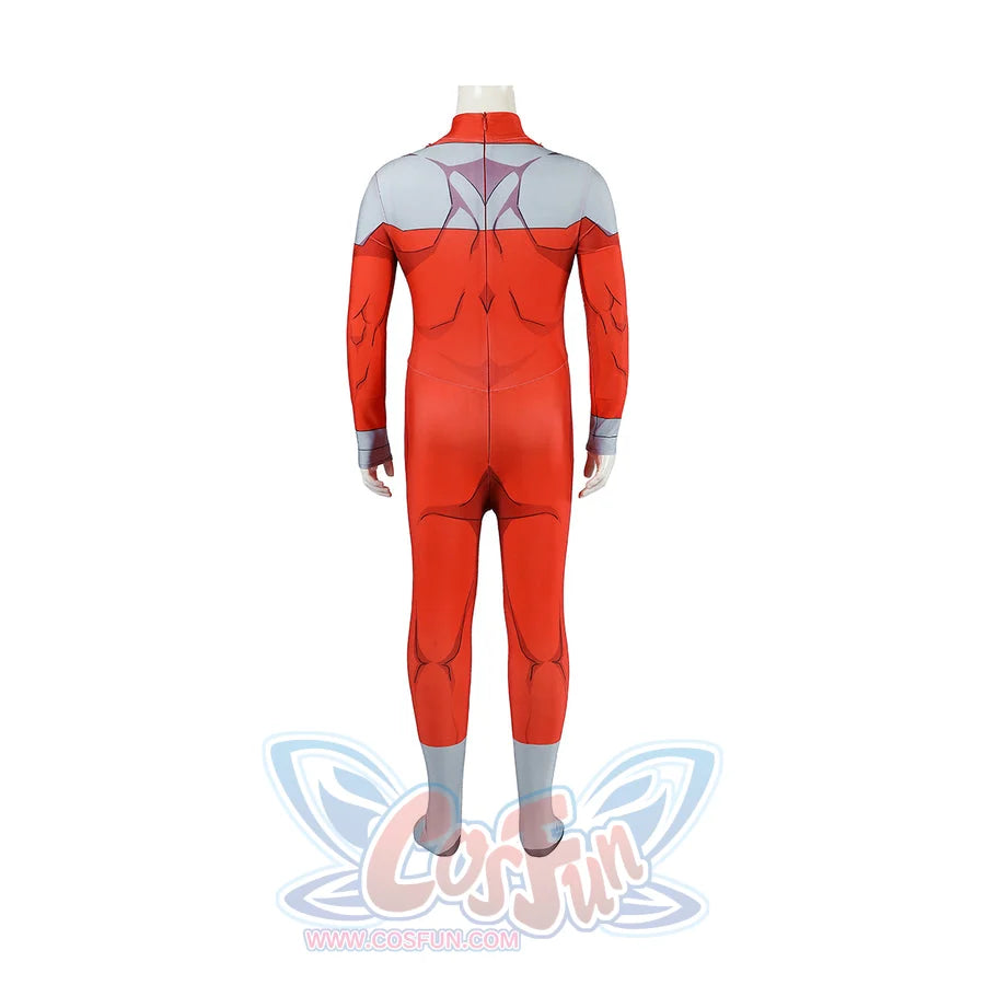 Invincible Thragg cosplay costume reveals the back muscle lines and gray shoulder pattern on the suit.