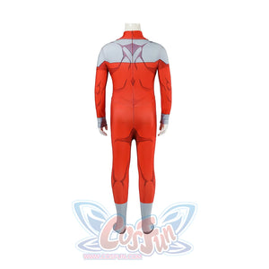 Invincible Thragg cosplay costume reveals the back muscle lines and gray shoulder pattern on the suit.