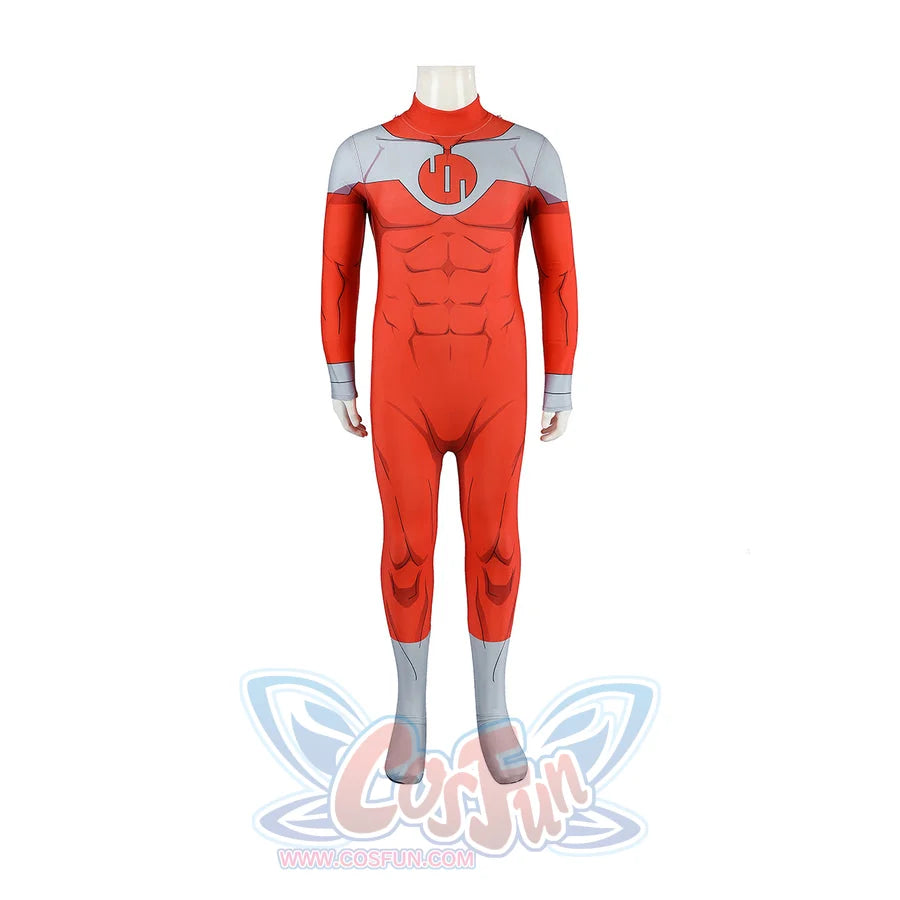 Invincible Thragg cosplay costume shows the red bodysuit front with gray cuffs and the circular chest emblem.