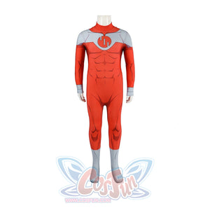 Invincible Thragg cosplay costume shows the red bodysuit front with gray cuffs and the circular chest emblem.