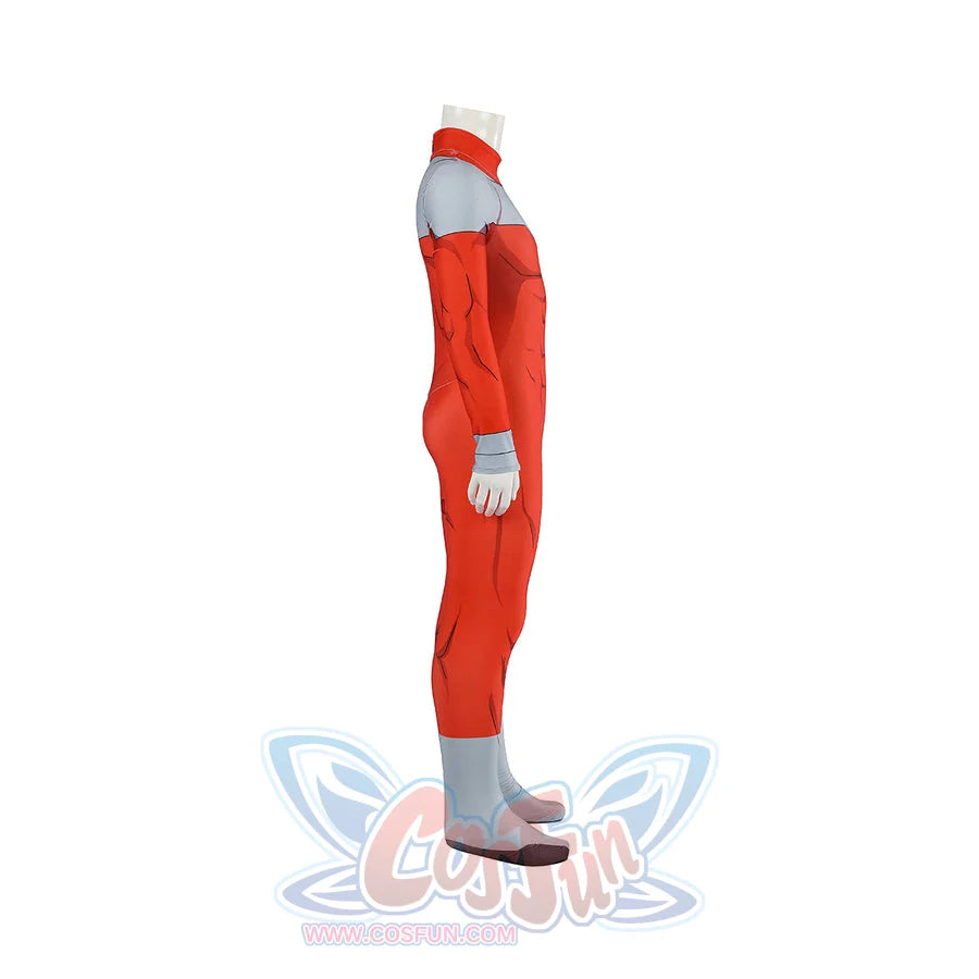 Invincible Thragg cosplay costume turns the red bodysuit side view toward gray boot and wrist cuffs.
